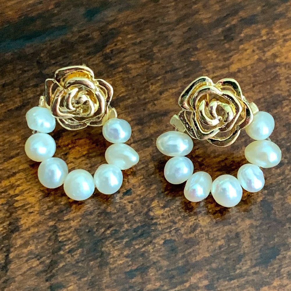 White Shell Pearl and Golden Rose Stud Earrings